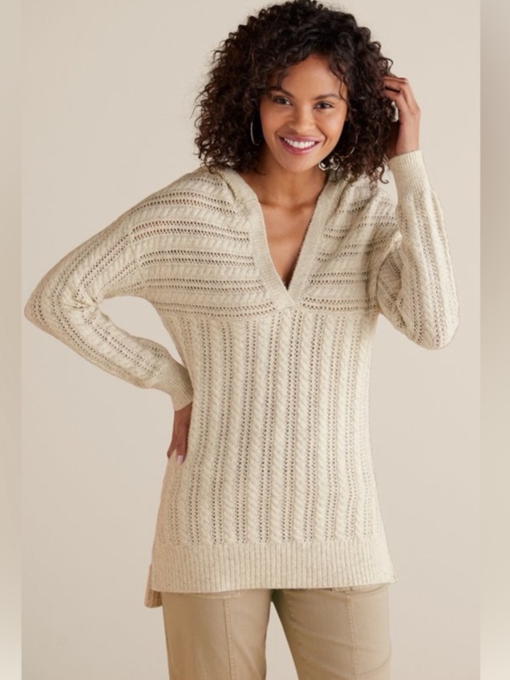 Soft Surroundings Cream Tan Cable Knit V-Neck Hoodie Sweater Tunic Relaxed Large